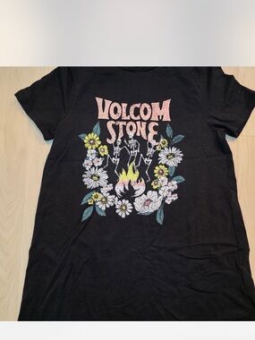 Volcom Black Graphic Tee with Pink Logo & Floral Print